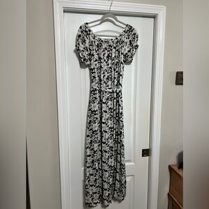 LOFT off the shoulder white & black floral maxi dress w/ delicate gold accents.